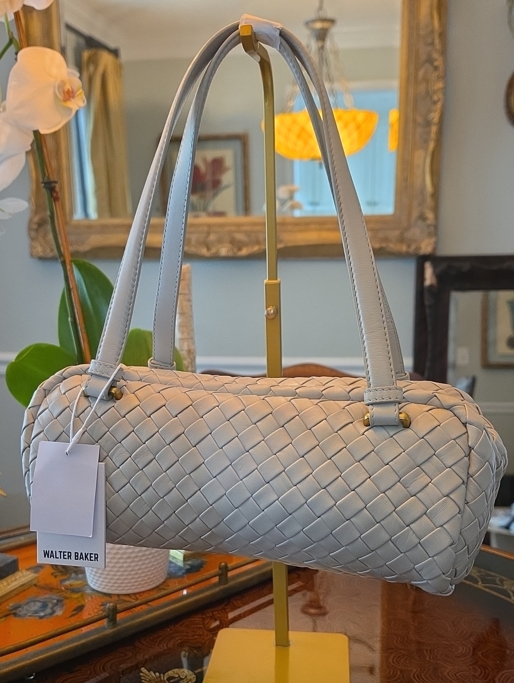 Walter Baker Lyla Barrell Stone Gray Woven Leather Shoulder Bag